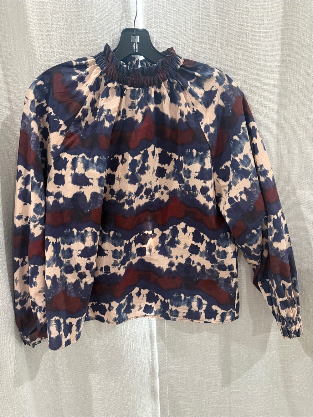 Marie Oliver medium Abstract Print Smocked Neck Blouse in Navy, burgandy & Cream